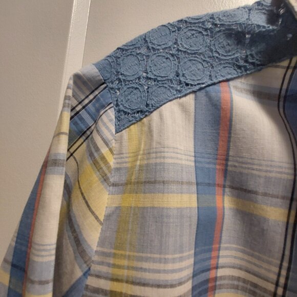 ALLISON DALEY Women's Blue Mix Plaid Button Down Shirt w/Lace Yoke - Size 14 - Picture 12 of 12